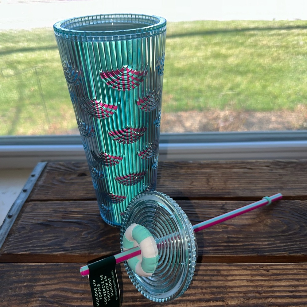 2025 STARBUCKS SHELLS/SCALES BLUE & PINK 24oz TUMBLER LIFE PRESERVER LID TOPPER - Picture 8 of 9